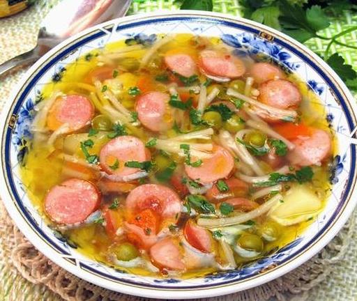 Швидкий суп з сосисками, консервованим горошком та вермішеллю